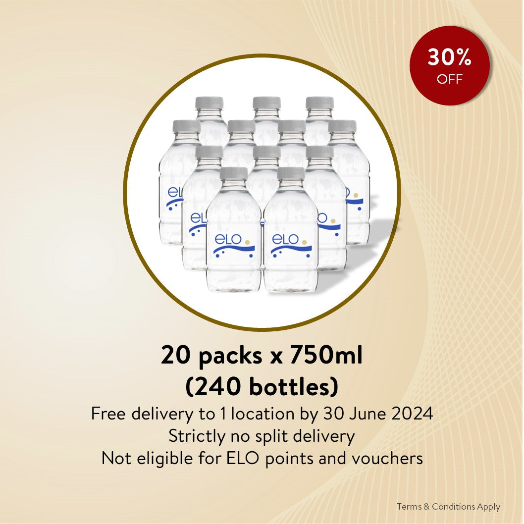 20 Packs ELO Drinking Water (750ml x 240 bottles)(Not eligible for ELO Points) (Refunds and Exchange is strictly not allowed)